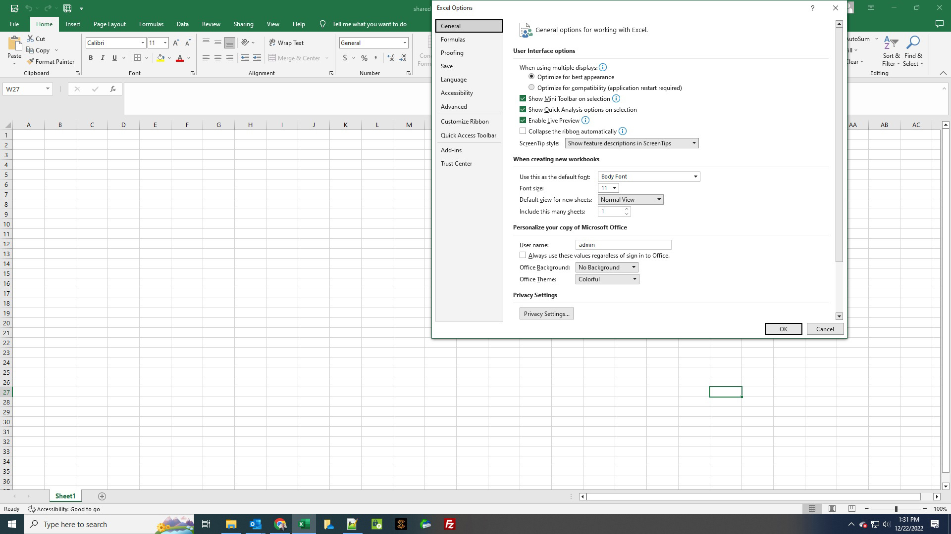 Excel Spreadsheet select Files then Options