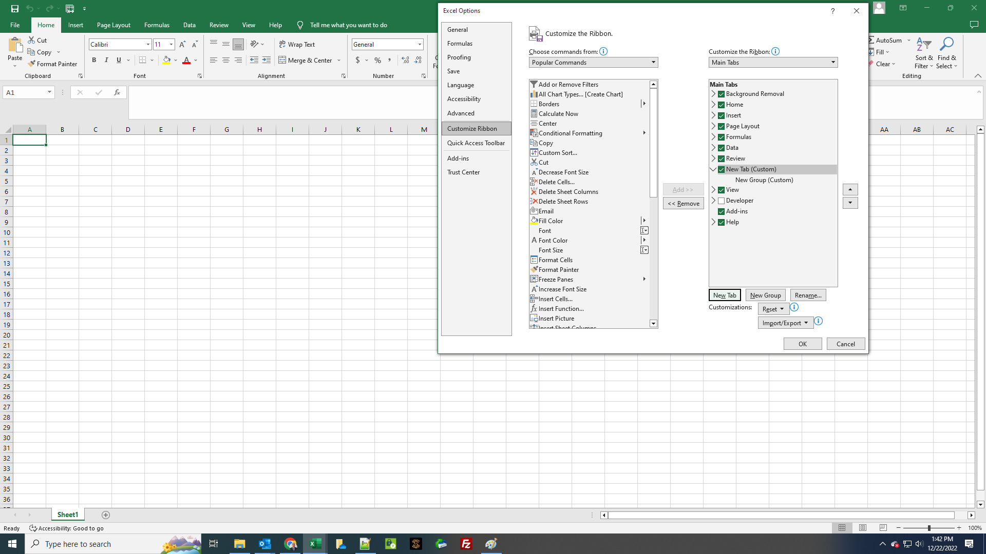 Excel Spreadsheet create new tab in quick access area