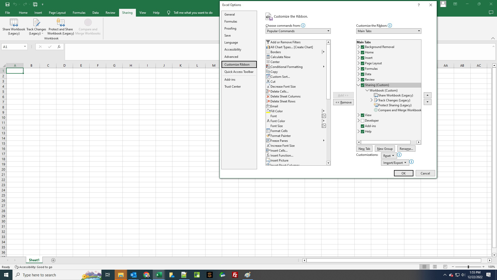 Excel Spreadsheet Quick Access Sharing Tab and options created